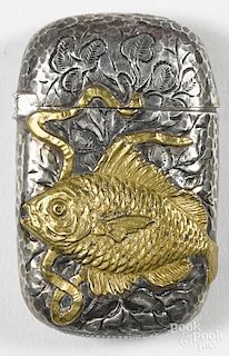 Gorham sterling silver and embossed brass fish match vesta safe, 2'' h.