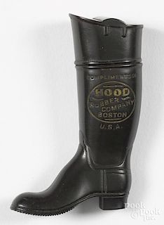 Gutta percha figural advertising boot match vesta safe, inscribed Compliments of Hood Rubber