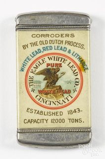 Celluloid advertising match vesta safe, inscribed The Eagle White Lead Co. - Cincinnati, 2 3/4'' h.