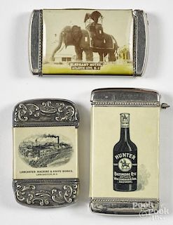 Three celluloid advertising match vesta safes, to include Hunter Baltimore Rye, 2 3/4'' h.