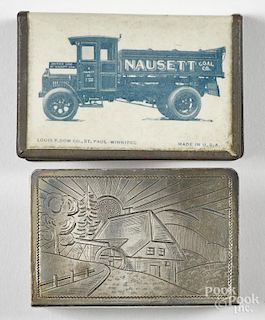 Two match box covers, to include one coal advertising with a delivery truck