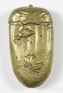 Embossed brass figural match vesta safe with bee and moth decoration, 2 5/8'' h.