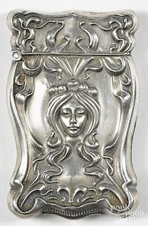 Embossed sterling silver art nouveau match vesta safe with a face of a woman, 2 5/8'' h.