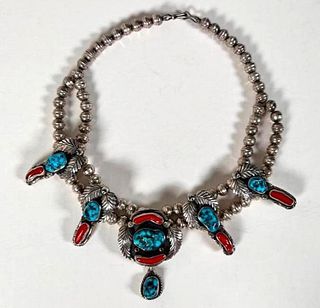 Navajo Silver, Turquoise and Coral Necklace
