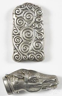 Two match vesta safes, to include a nickel figural horse head, 2 1/4'' l., and a silver-plate example