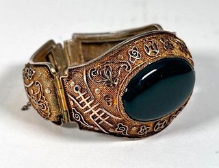  Chinese Silver Cuff Bracelet with Bloodstone