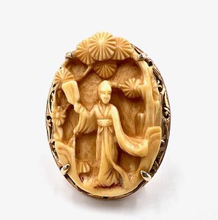 Carved Bone 14K Gold Ring, Chinese