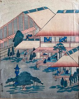 Japanese Color Woodblock Print, Dwellings with Figures at Pursuits