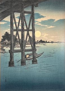 Japanese Print: Ryogoku Bridge and Full Moon 