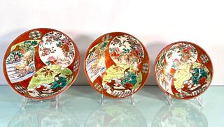 3 Antique Red Kutani Bowls, Ohara School Grandmaster