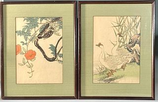 2 Japanese Antique Color Woodblock Prints of Bird and Flowers