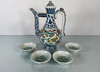 Chinese Vintage Famille Verte Porcelain Pitcher and 4 Saucers