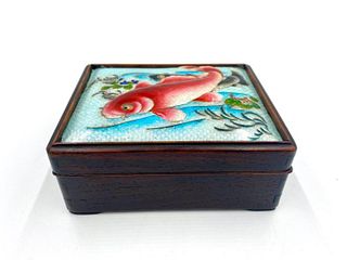 Chinese Wooden Box with Enameled Top 