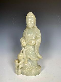 Chinese Antique Celadon-colored Hardstone Guanyin 