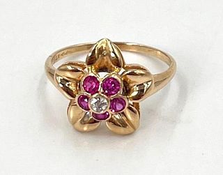 14k Gold Ruby and Diamond Flower Form Ring