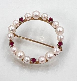14k Gold Pearl and Ruby Pin