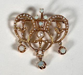 Gold, Opal and Seed Pearl Victorian Brooch