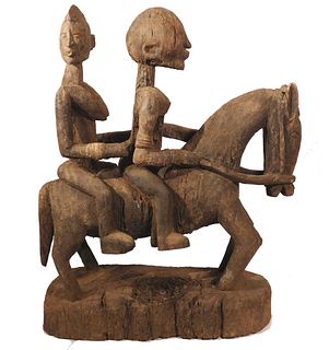 African Tribal Dogon Equestrian Sculpture: Horse w/2 Riders