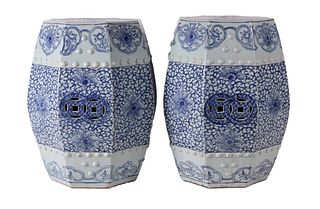 Pair of Chinese Export Blue and White Stools