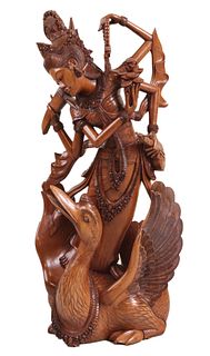 Southeast Asian Carved Hardwood Woman and Bird