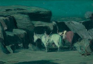 Saddled Horses in Moonlight by Oscar Berninghaus