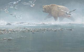 Above the Rapids - Gulls and Grizzly by Robert Bateman