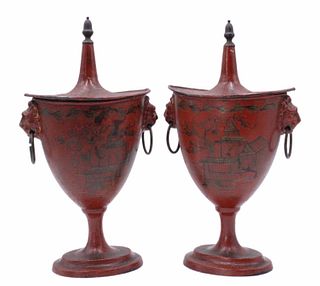 Pair of Chinoiserie Style Red-Painted Tole Urns