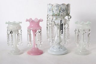 Four Victorian Pink and White Glass Lustres