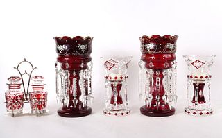 Two Pairs of Victorian Red Glass Lustres
