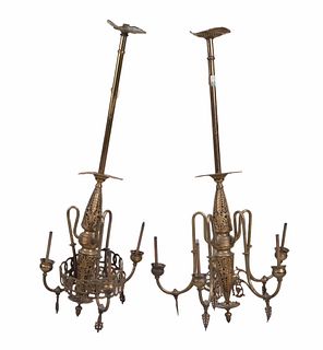 Pair of Victorian Brass Five-Light Chandeliers