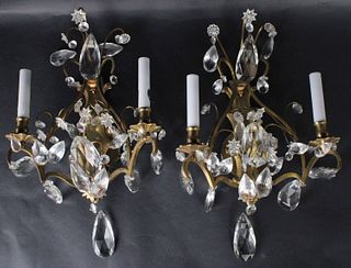 Pair of Gilt Metal and Crystal Two-Light Sconces