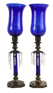 Two Blue Glass, Crystal, and Metal Table Lamps