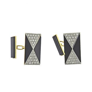Art Deco 18k Gold Onyx Diamond Cufflinks