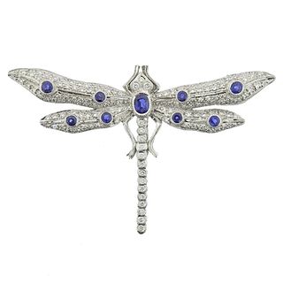 18k Gold Diamond Sapphire Dragonfly Brooch