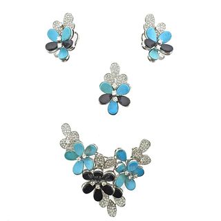 18k Gold Diamond Turquoise Onyx Brooch Ring Earrings Set