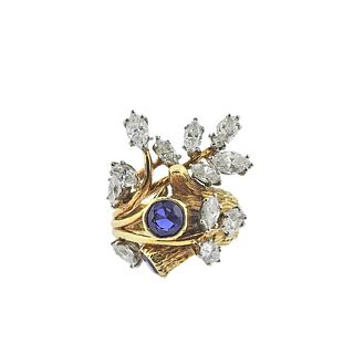 1970s 14k Gold Diamond Sapphire Naturalistic Ring