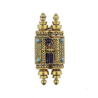 14k Gold Turquoise Enamel Torah Ten Commandments Pendant