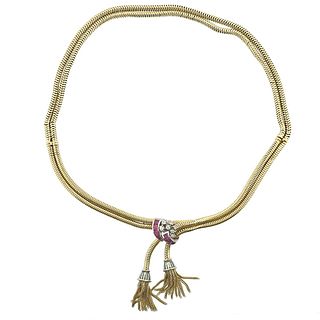 Retro 18k Gold Diamond Ruby Tassel Necklace