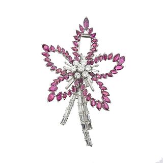 1960s 18k Gold Diamond Ruby Flower Brooch Pin