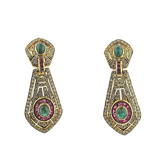 18k Gold Diamond Ruby Emerald Cocktail Earrings