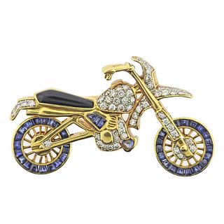 18k Gold Diamond Sapphire Motorcycle Brooch Pin