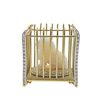 English 18k Gold Carved Opal Diamond Lion in a Cage Figurine