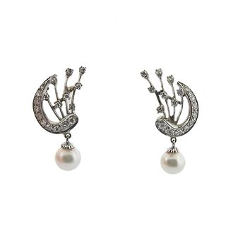 Midcentury 14k Gold Diamond Pearl Earrings Pendant Set