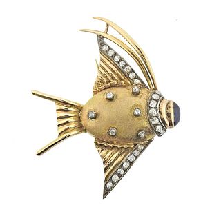 Midcentury 18k Gold Diamond Sapphire Fish Brooch 