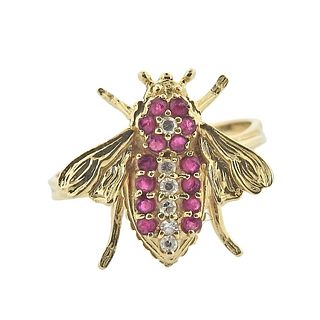 14k Gold Diamond Ruby Bee Insect Ring