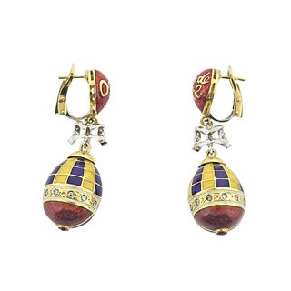18k Gold Diamond Enamel Egg Drop Earrings