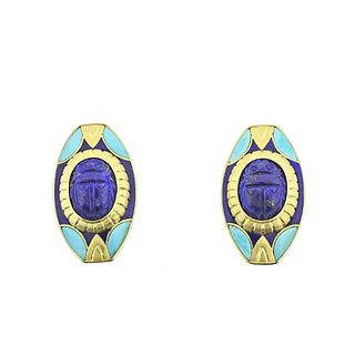 18k Gold Lapis Scarab Turquoise Earrings