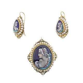 Antique Victorian Gold Pearl Miniature Portrait Earrings Pendant Set