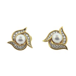 1980s 18k Gold Pearl Diamond Cocktail Earrings