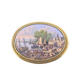 Antique 18k Gold Hand Painted Miniature Painting Brooch